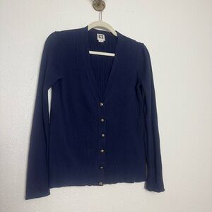 Anne Klein Navy Blue Ribbed Plunge Cardigan Golf Hardware‎